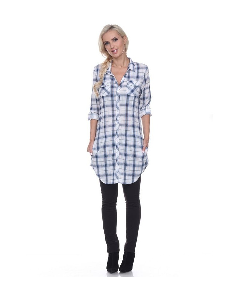 Women's Piper Stretchy Plaid Tunic Blue $29.76 Tops