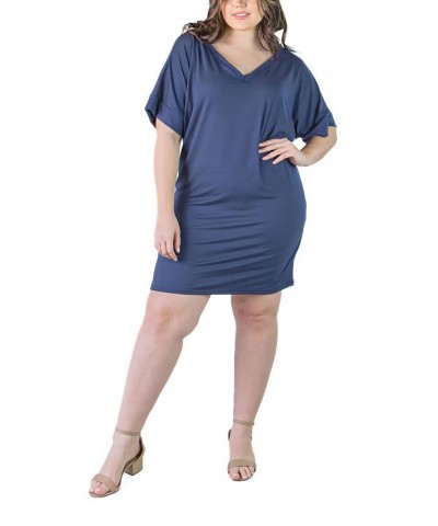 Plus Size Loose Fit V-neck Knee Length Dress Blue $16.60 Dresses