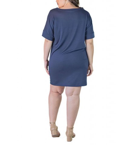 Plus Size Loose Fit V-neck Knee Length Dress Blue $16.60 Dresses