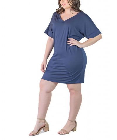 Plus Size Loose Fit V-neck Knee Length Dress Blue $16.60 Dresses