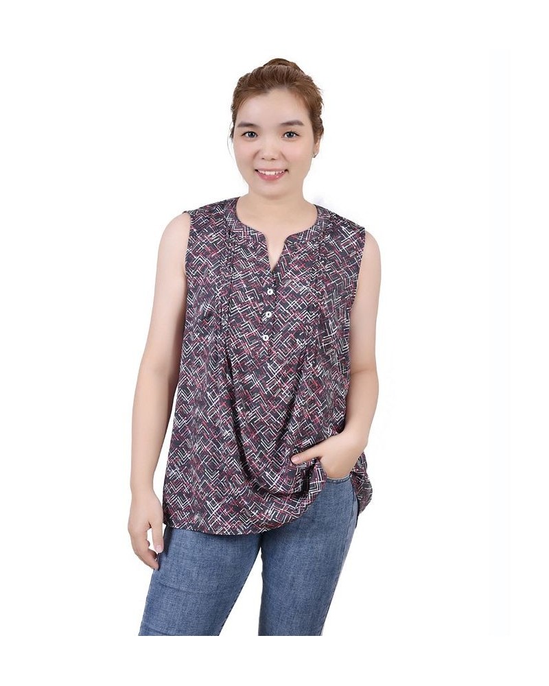 Petite Sleeveless Printed Pintucked Blouse Black Red Chervon $12.71 Tops