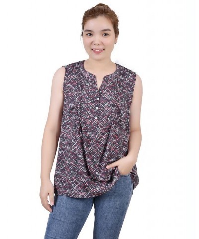 Petite Sleeveless Printed Pintucked Blouse Black Red Chervon $12.71 Tops