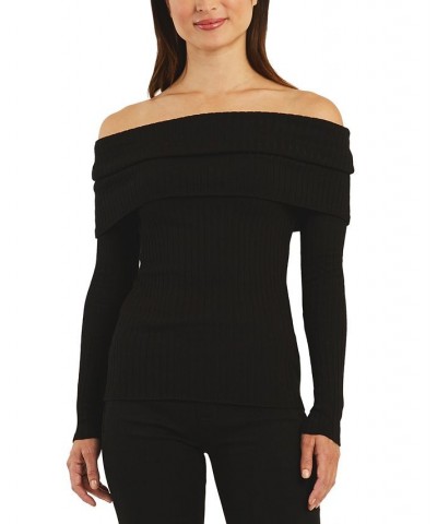 Juniors' Marilyn Off-The-Shoulder Ribbed Sweater Black $16.10 Sweaters