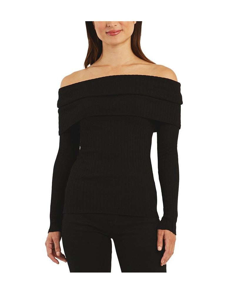 Juniors' Marilyn Off-The-Shoulder Ribbed Sweater Black $16.10 Sweaters