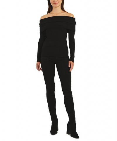 Juniors' Marilyn Off-The-Shoulder Ribbed Sweater Black $16.10 Sweaters