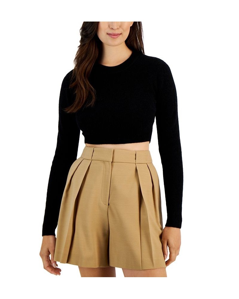 Women's Slim-Fit Ribbed Crewneck Cropped Sweater Black $81.12 Sweaters
