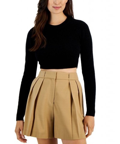 Women's Slim-Fit Ribbed Crewneck Cropped Sweater Black $81.12 Sweaters