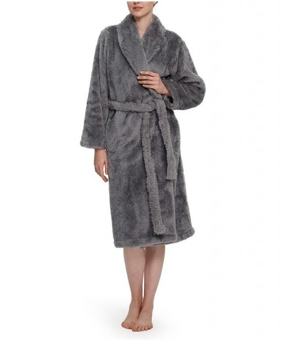 Women's Shawl Collar Belted Fluffie Robe Gray $44.10 Sleepwear