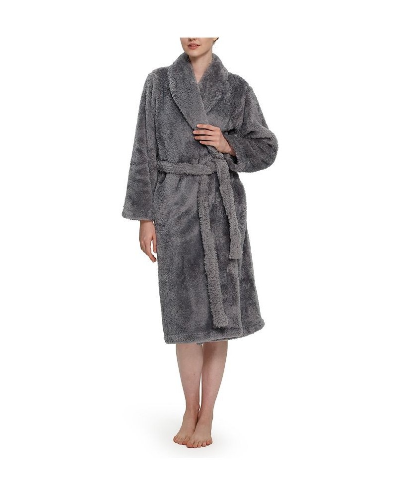 Women's Shawl Collar Belted Fluffie Robe Gray $44.10 Sleepwear