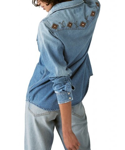 Women's Yellowstone Cotton Denim Studded Western Shirt Cowboys And Dreamers $40.33 Tops