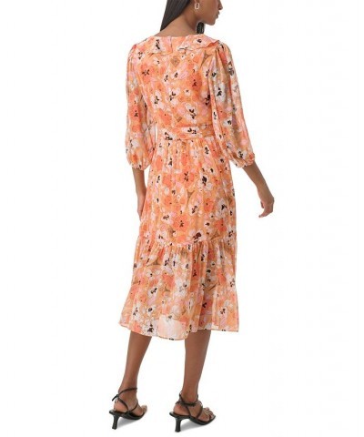 Women's V-Neck Ruffled Chiffon Midi Dress Papaya Multi $42.83 Dresses