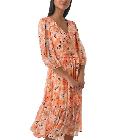 Women's V-Neck Ruffled Chiffon Midi Dress Papaya Multi $42.83 Dresses