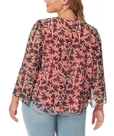 Trendy Plus Size Leslie Floral-Print Tie-Neck Blouse Flora Brushes $48.76 Tops