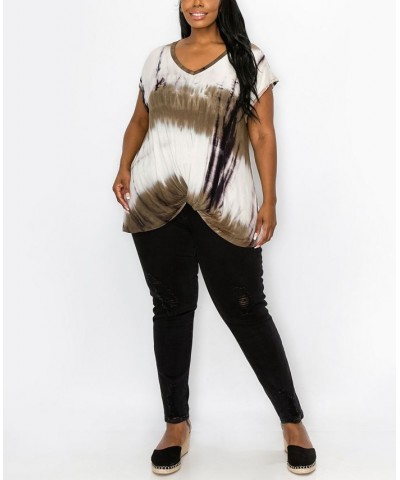 Plus Size Hand Tie Dye V-Neck Twist Front Top Olive/Gray $18.98 Tops