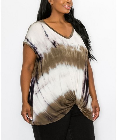 Plus Size Hand Tie Dye V-Neck Twist Front Top Olive/Gray $18.98 Tops