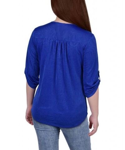 Petite 3/4 Roll Tab Zip Front Jacquard Knit Top Blue $16.32 Tops