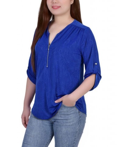 Petite 3/4 Roll Tab Zip Front Jacquard Knit Top Blue $16.32 Tops