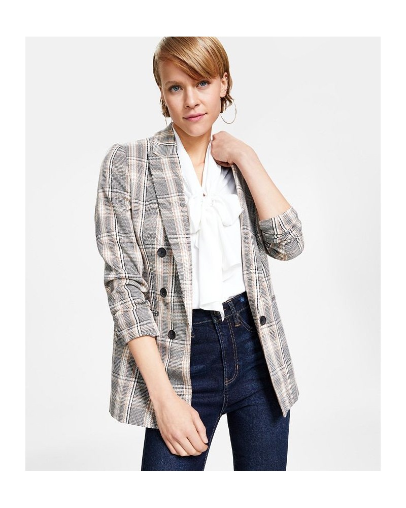 Women's Mini-Check-Print Faux-Double-Breasted Jacket Brown $44.70 Jackets