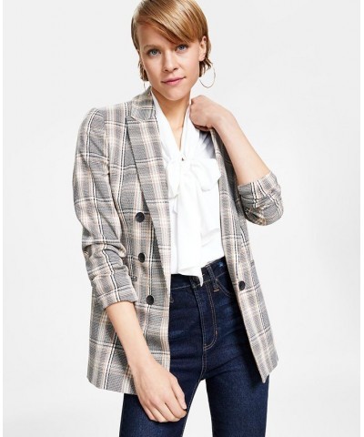 Women's Mini-Check-Print Faux-Double-Breasted Jacket Brown $44.70 Jackets