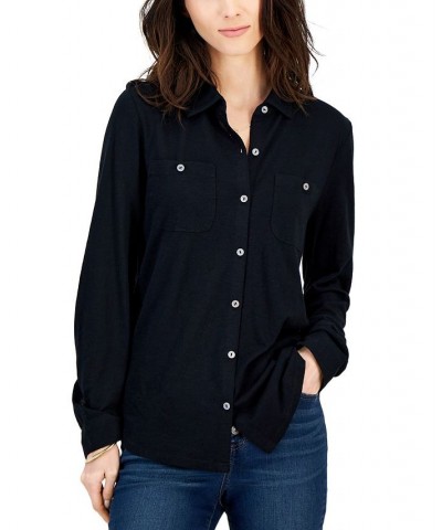 Women's Button-Up Collared Knit Shirt Black $15.77 Tops