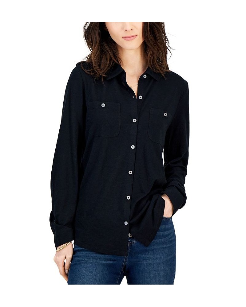Women's Button-Up Collared Knit Shirt Black $15.77 Tops