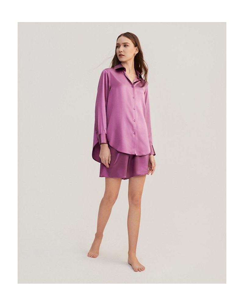 Myrtus Oversized Short Silk Pajama Set for Women Purple $55.49 Sleepwear