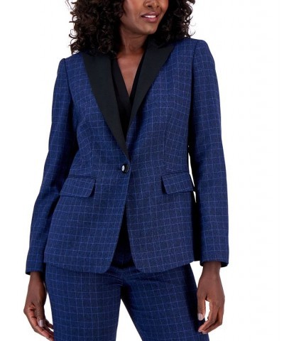 Women's Plaid One-Button Contrast-Collar Pantsuit Regular & Petite Sizes Blue $83.30 Pants
