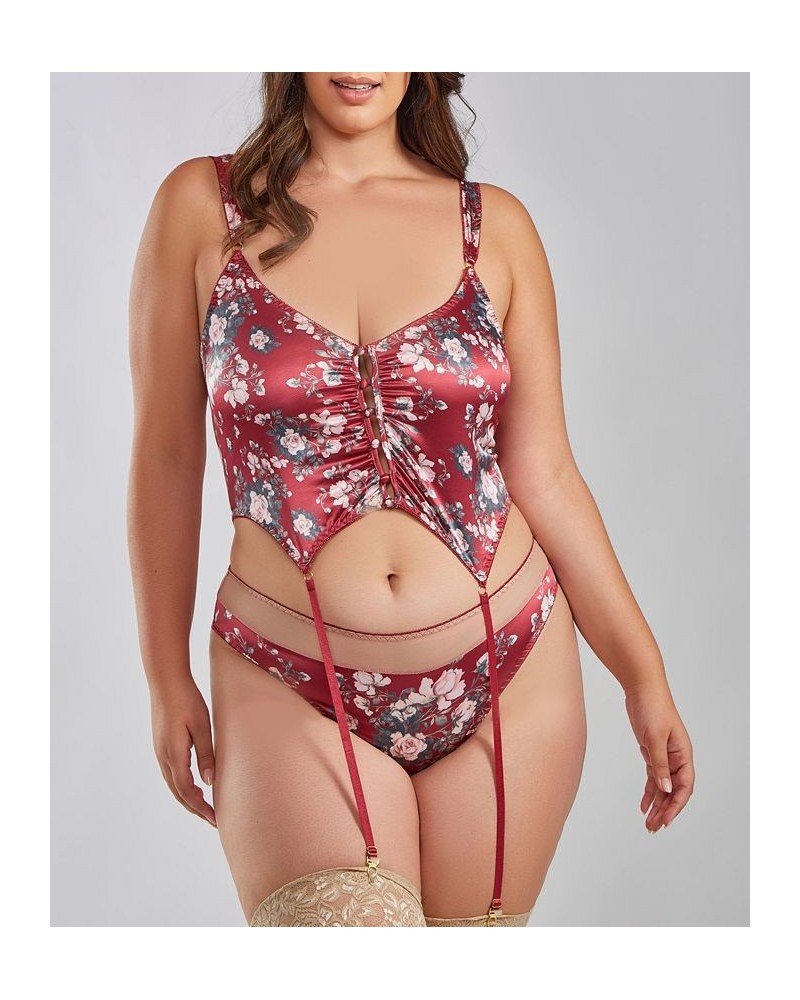 Kai Plus Size Soft Cup Floral Stretch Satin Bralette and Panty Set 2 Piece Red-Nude $37.80 Lingerie