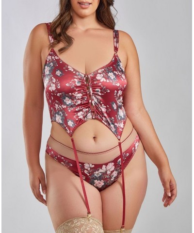 Kai Plus Size Soft Cup Floral Stretch Satin Bralette and Panty Set 2 Piece Red-Nude $37.80 Lingerie