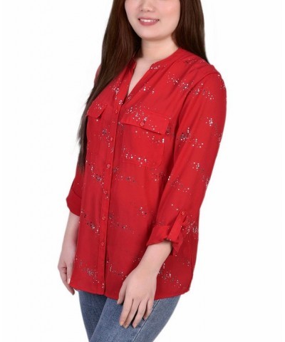 Women's 3/4 Sleeve Roll Tab Blouse Top with Metallic Details Red $15.36 Tops
