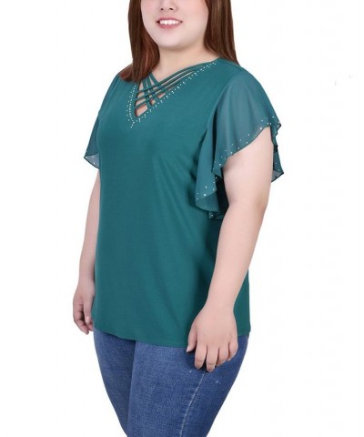 Plus Size Flutter Sleeve Top with Criss Cross Strips Green $13.52 Tops
