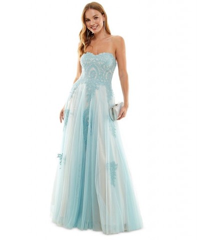Juniors' Strapless Embellished Ballgown Blue $81.51 Dresses