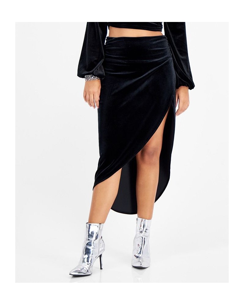 Women's Ruched Slit-Front Velvet Midi Skirt Deep Black $21.94 Skirts