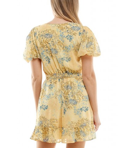 Juniors' Floral-Print Puff-Sleeve Dress Yellow Floral $14.28 Dresses
