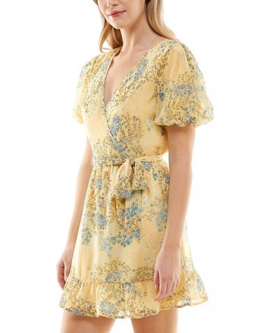 Juniors' Floral-Print Puff-Sleeve Dress Yellow Floral $14.28 Dresses